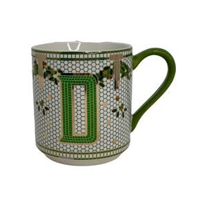 Anthropologie Bistro Tile Holiday Initial “D” Mug METALLIC GREEN RED GOLD